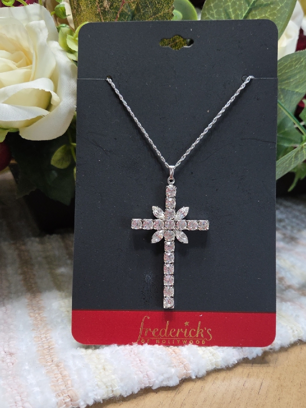Frederick's Silver Crystal Cross Pendant Necklace - Clear/White